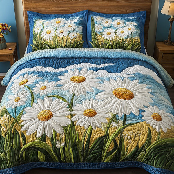 Blossom Field quilted 3-piece bedding set on a made bed with two matching pillow shams