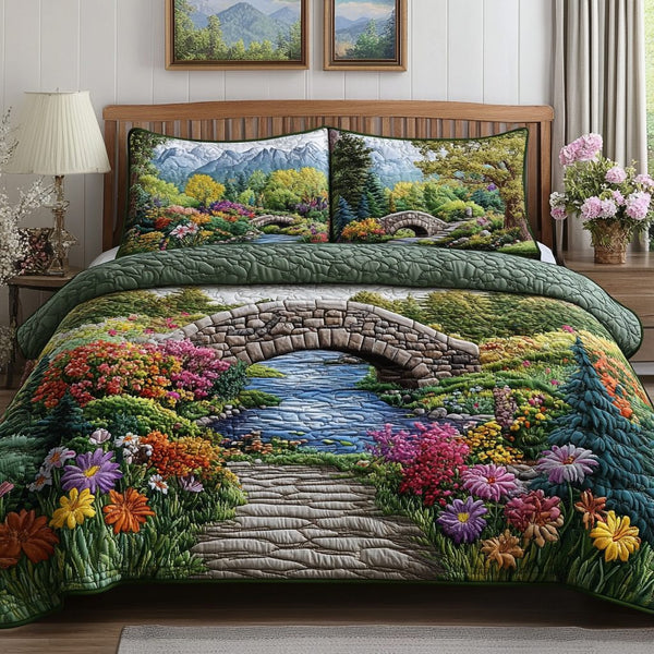 Blossom Field quilted 3-piece bedding set on a made bed with two matching pillow shams