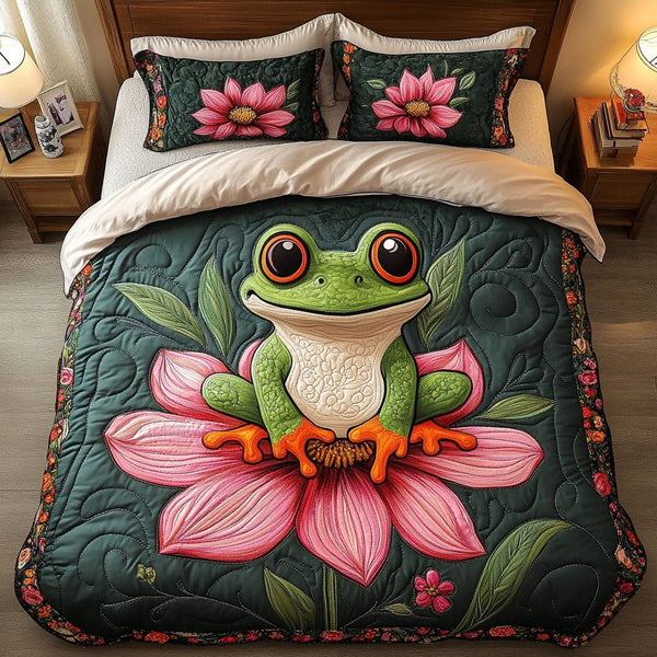 Blossom Frog Serenity quilted 3-piece bedding set on a made bed with two matching pillow shams