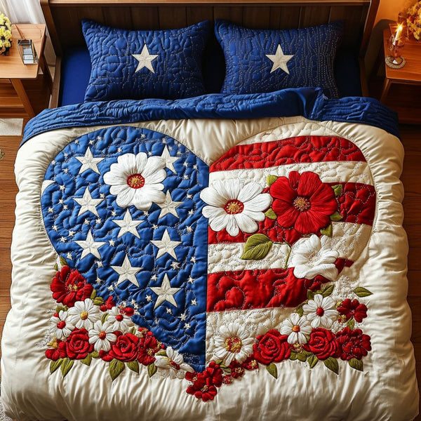 Blossom Glory quilted 3-piece bedding set on a made bed with two matching pillow shams