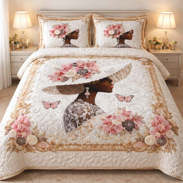 Blossom Grace Lady quilted 3-piece bedding set on a made bed with two matching pillow shams