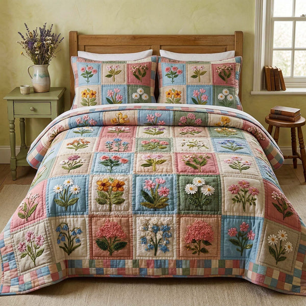 Blossom Grace quilted 3-piece bedding set on a made bed with two matching pillow shams