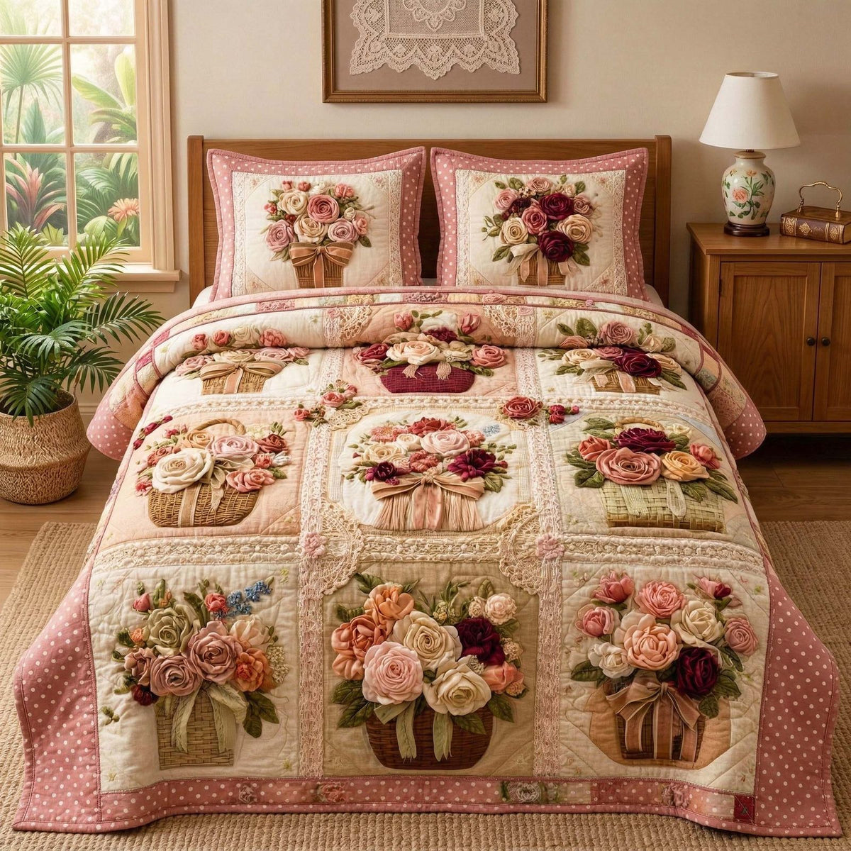 Blossom Grace quilted 3-piece bedding set on a made bed with two matching pillow shams