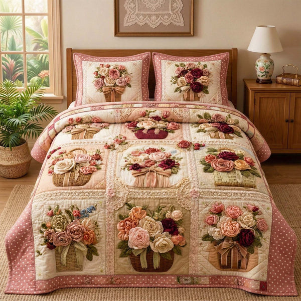 Blossom Grace quilted 3-piece bedding set on a made bed with two matching pillow shams