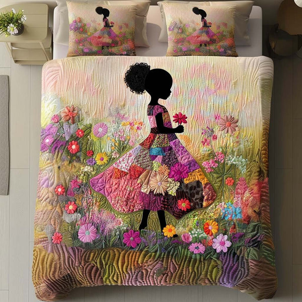 Blossom Grace quilted 3-piece bedding set on a made bed with two matching pillow shams