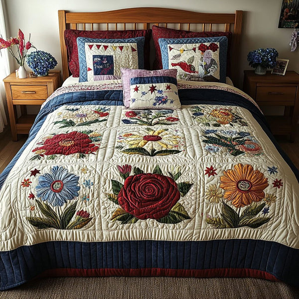 Blossom Harmony quilted 3-piece bedding set on a made bed with two matching pillow shams
