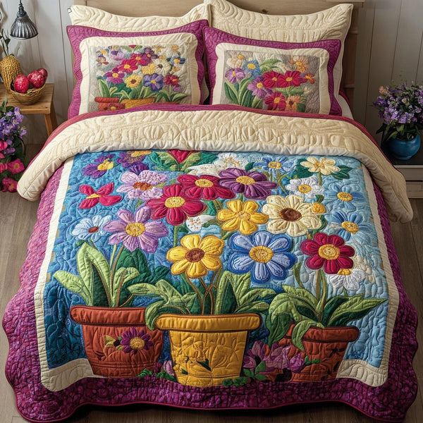 Blossom Haven quilted 3-piece bedding set on a made bed with two matching pillow shams