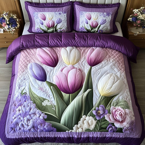 Blossom Haven quilted 3-piece bedding set on a made bed with two matching pillow shams