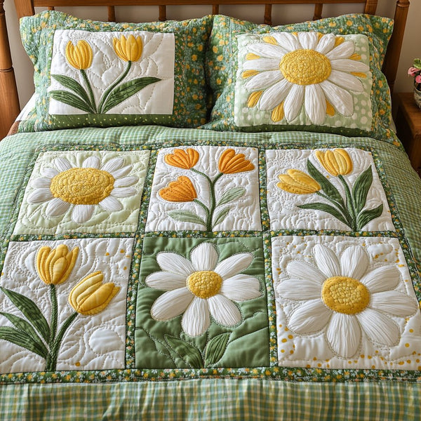 Blossom Haven quilted 3-piece bedding set on a made bed with two matching pillow shams