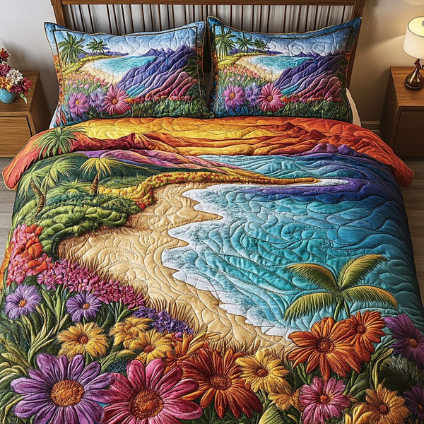 Blossom Haven quilted 3-piece bedding set on a made bed with two matching pillow shams