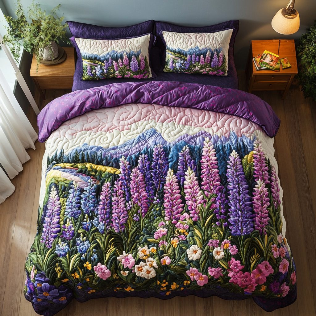 Blossom Haven quilted 3-piece bedding set on a made bed with two matching pillow shams