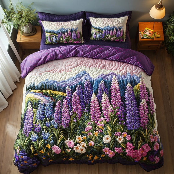 Blossom Haven quilted 3-piece bedding set on a made bed with two matching pillow shams