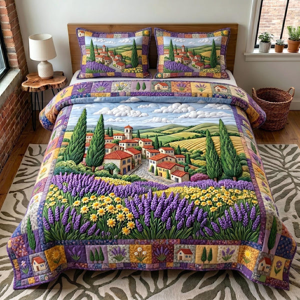 Blossom Meadow quilted 3-piece bedding set on a made bed with two matching pillow shams