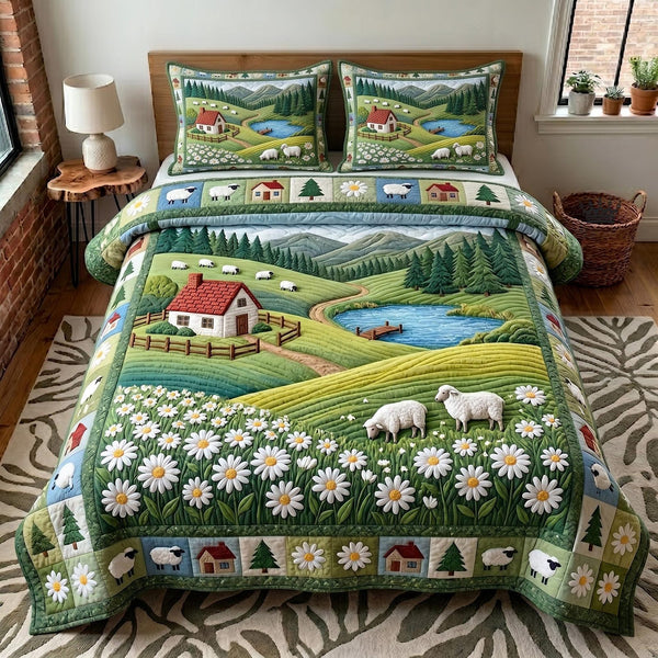 Blossom Meadow quilted 3-piece bedding set on a made bed with two matching pillow shams