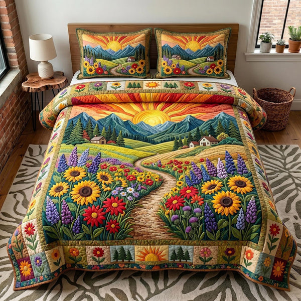 Blossom Meadow quilted 3-piece bedding set on a made bed with two matching pillow shams