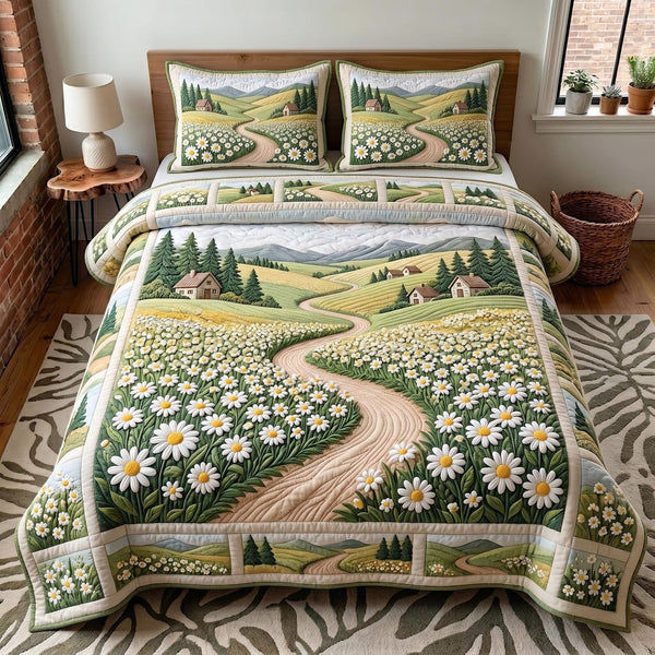 Blossom Meadow quilted 3-piece bedding set on a made bed with two matching pillow shams
