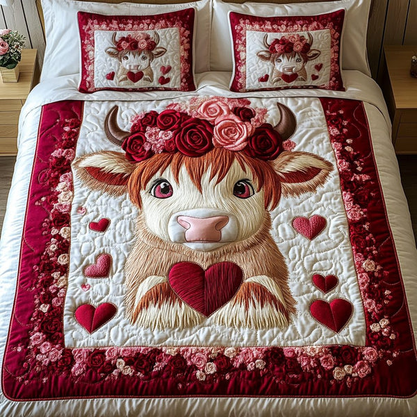 Blossom Moo quilted 3-piece bedding set on a made bed with two matching pillow shams