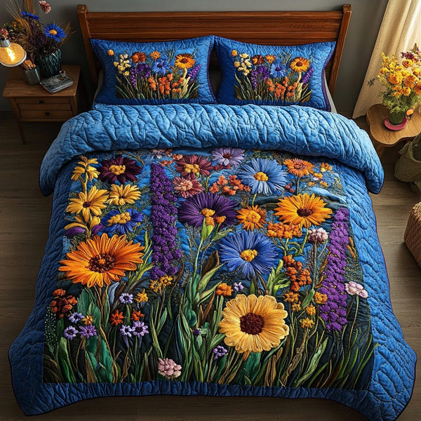 Blossom Nest quilted 3-piece bedding set on a made bed with two matching pillow shams