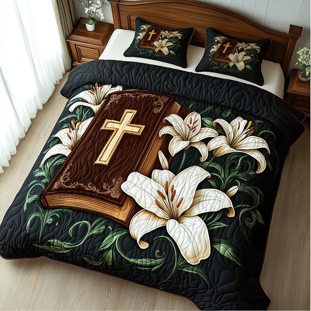 Blossom of Faith quilted 3-piece bedding set on a made bed in a softly lit bedroom