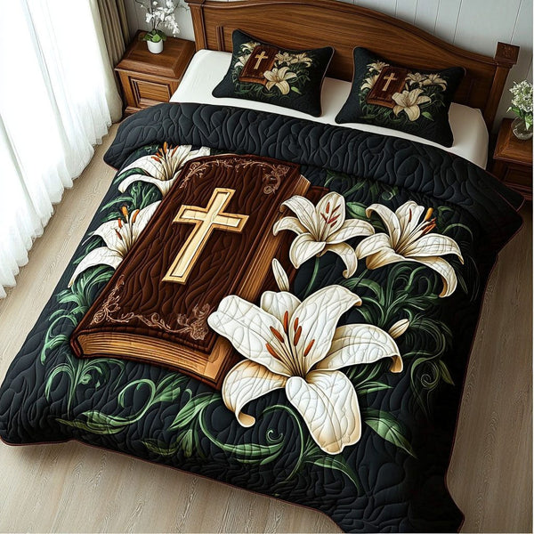 Blossom of Faith quilted 3-piece bedding set on a made bed in a softly lit bedroom