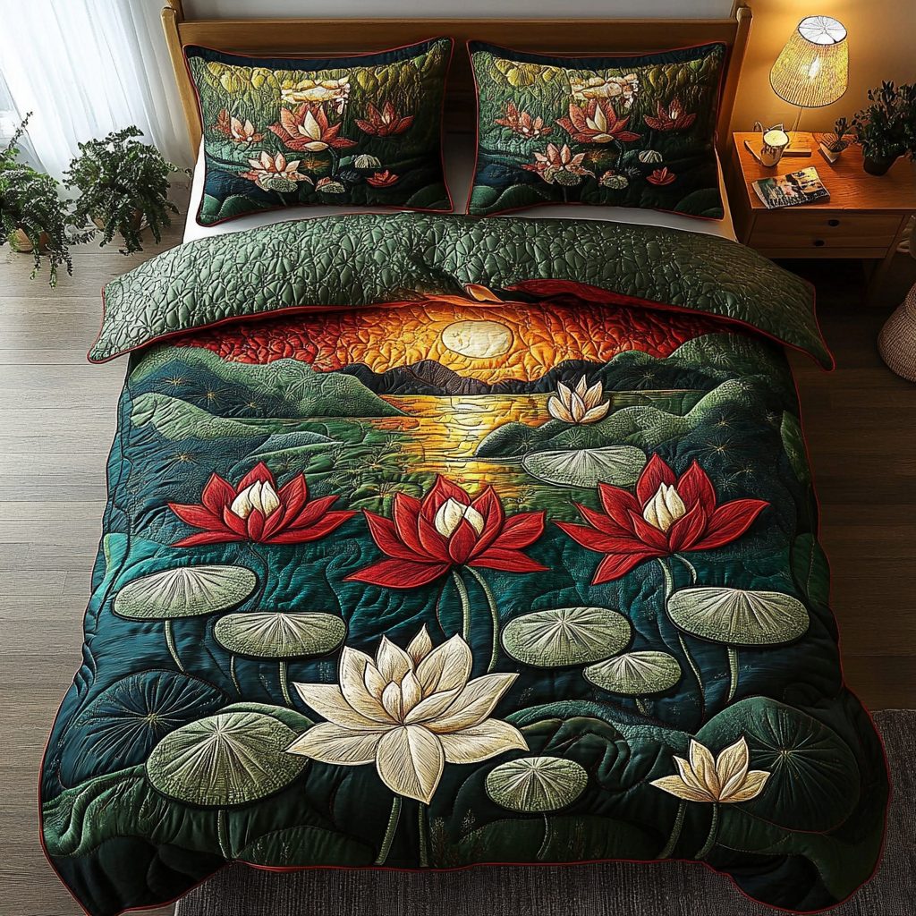 Blossom of Grace quilted 3-piece bedding set on a made bed with two matching pillow shams