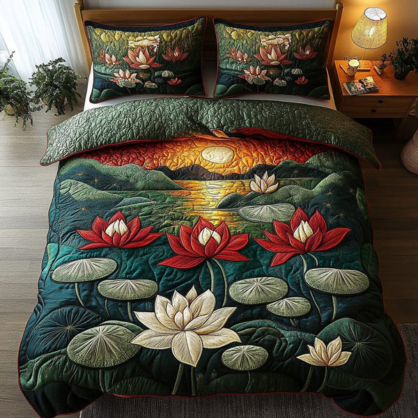 Blossom of Grace quilted 3-piece bedding set on a made bed with two matching pillow shams