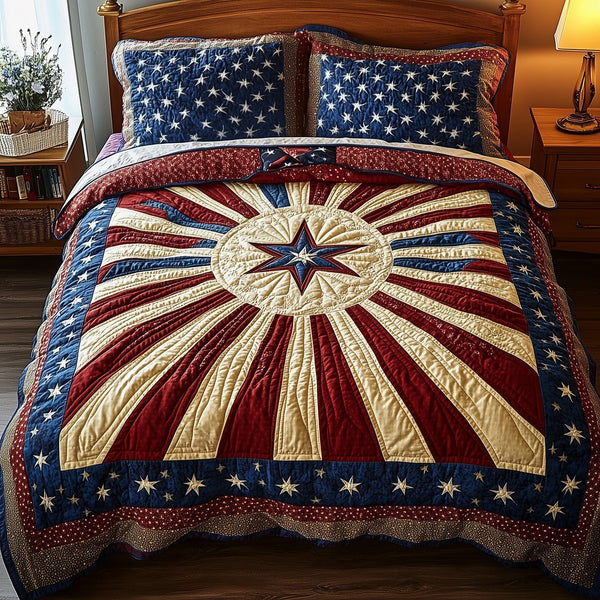 Blossom of Unity quilted 3-piece bedding set on a made bed with two matching pillow shams