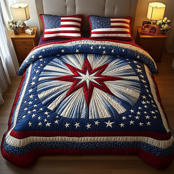 Blossom of Unity quilted 3-piece bedding set on a made bed with two matching pillow shams