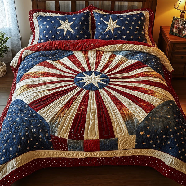 Blossom of Unity quilted 3-piece bedding set on a made bed with two matching pillow shams