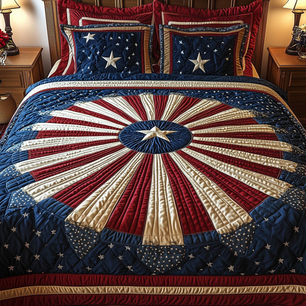 Blossom of Unity quilted 3-piece bedding set on a made bed with two matching pillow shams