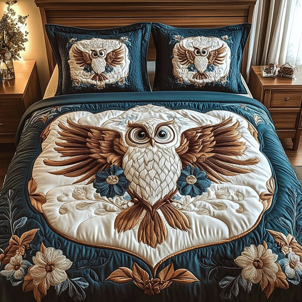 Blossom Owl quilted 3-piece bedding set on a made bed with two matching pillow shams