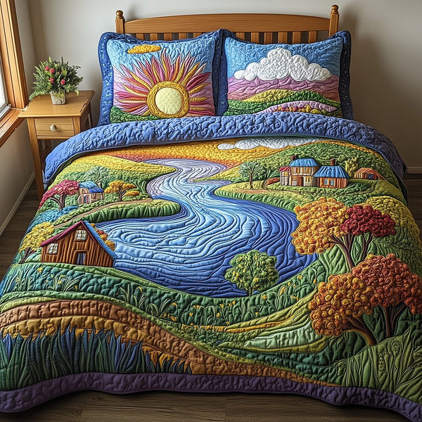 Blossom Paradise quilted 3-piece bedding set on a made bed with two matching pillow shams