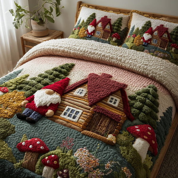 Blossom Pasture quilted 3-piece bedding set on a made bed with two matching pillow shams