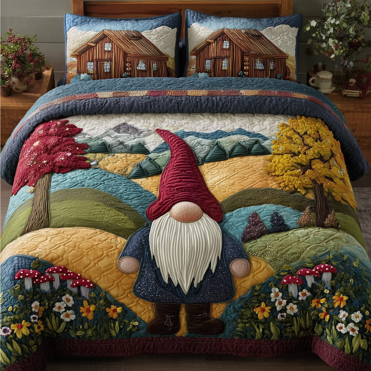 Blossom Pasture quilted 3-piece bedding set on a made bed with two matching pillow shams