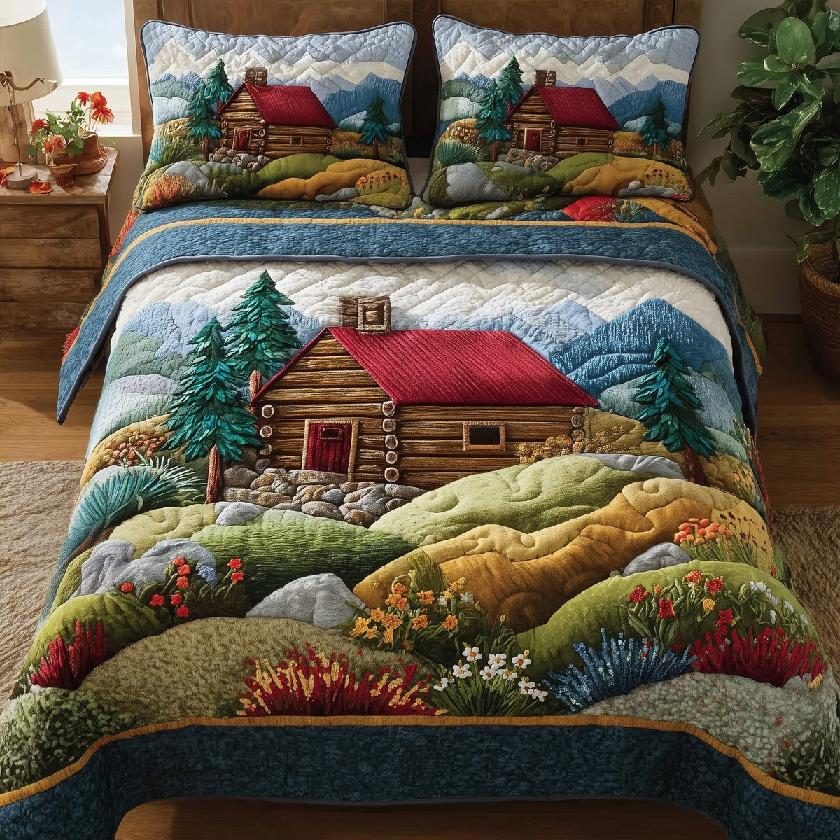 Blossom Pasture quilted 3-piece bedding set on a made bed with two matching pillow shams