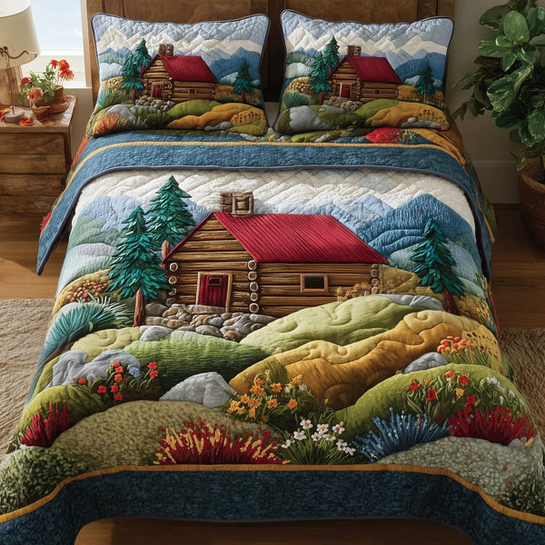 Blossom Pasture quilted 3-piece bedding set on a made bed with two matching pillow shams