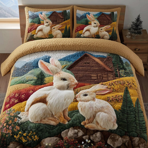 Blossom Pasture quilted 3-piece bedding set on a made bed with two matching pillow shams