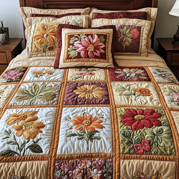 Blossom Patch quilted 3-piece bedding set on a made bed with two matching pillow shams