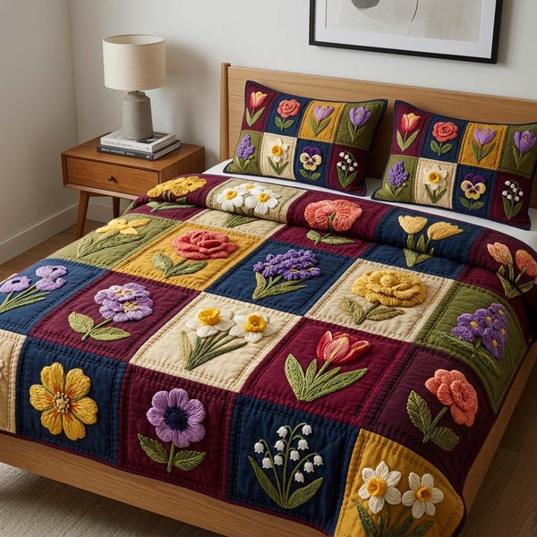 Blossom Patchwork quilted 3-piece bedding set on a made bed in a farmhouse bedroom