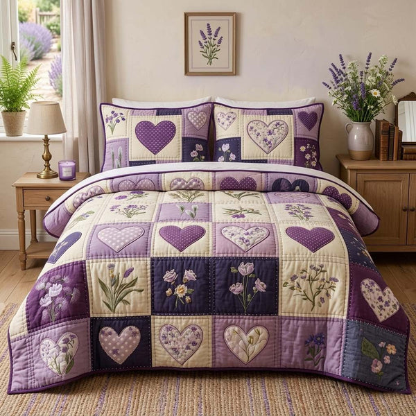 Blossom Patchwork quilted 3-piece bedding set on a made bed in a farmhouse bedroom