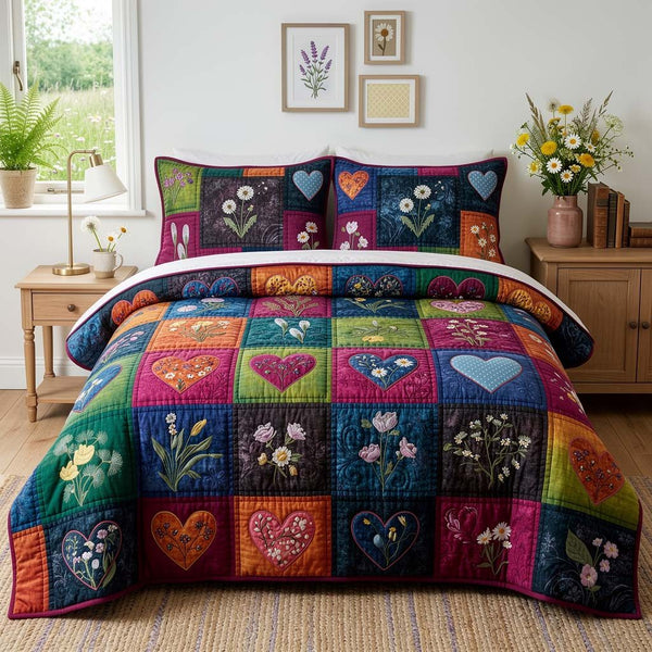 Blossom Patchwork quilted 3-piece bedding set on a made bed in a farmhouse bedroom