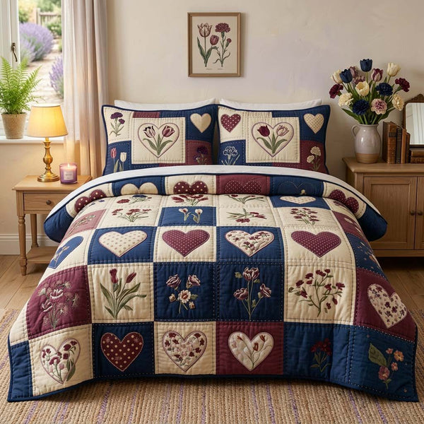 Blossom Patchwork quilted 3-piece bedding set on a made bed in a farmhouse bedroom