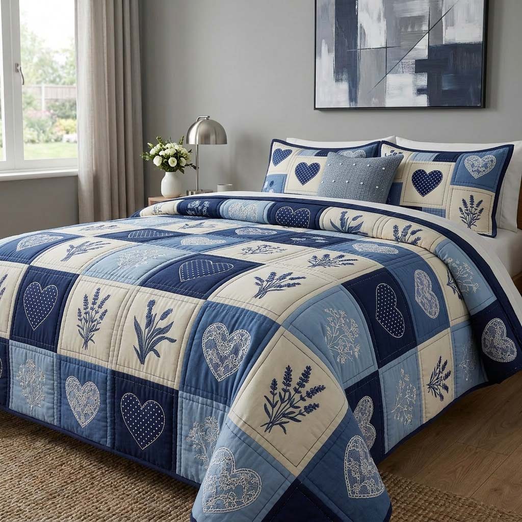 Blossom Patchwork quilted 3-piece bedding set on a made bed in a farmhouse bedroom