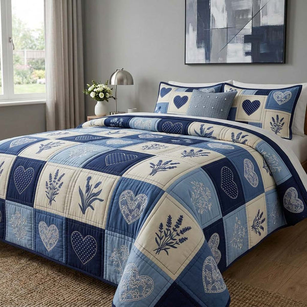 Blossom Patchwork quilted 3-piece bedding set on a made bed in a farmhouse bedroom