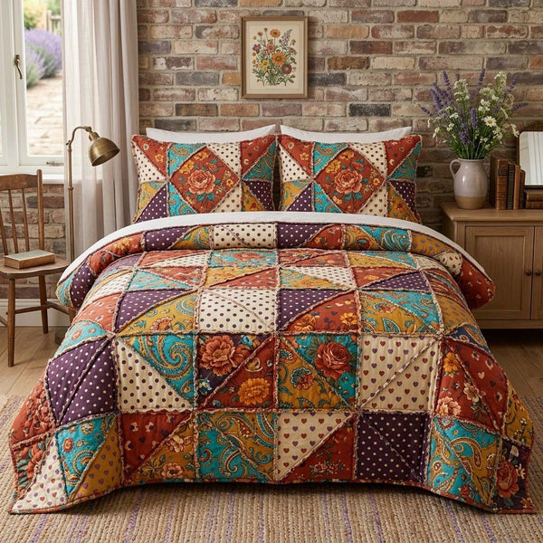 Blossom Patchwork quilted 3-piece bedding set on a made bed in a farmhouse bedroom