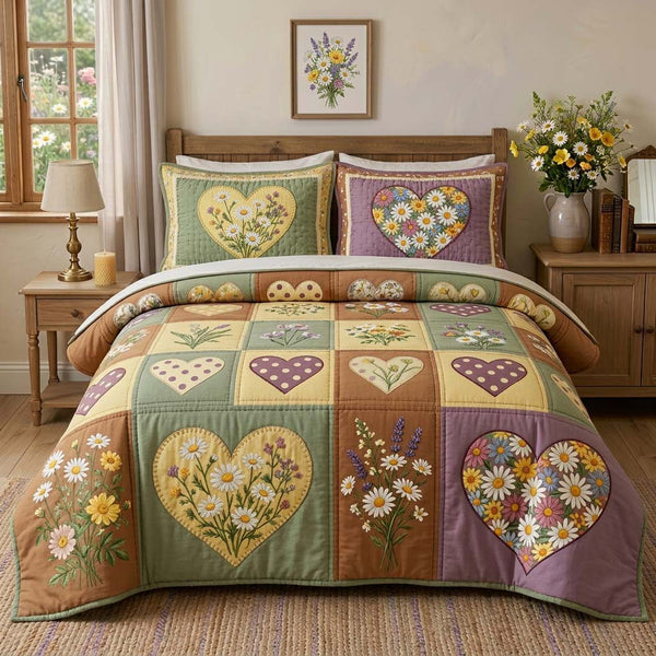 Blossom Patchwork quilted 3-piece bedding set on a made bed in a farmhouse bedroom