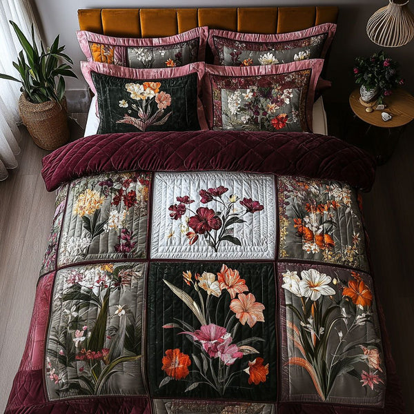 Blossom Patchwork quilted 3-piece bedding set on a made bed in a farmhouse bedroom