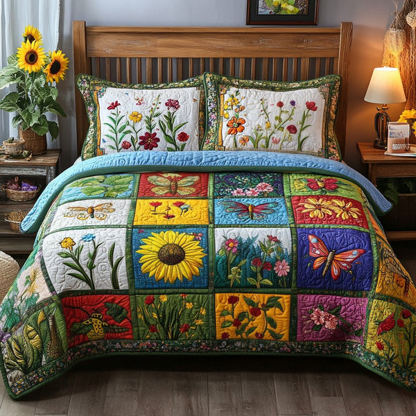 Blossom Patchwork quilted 3-piece bedding set on a made bed in a farmhouse bedroom