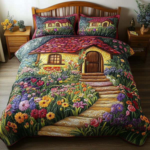 Blossom Path quilted 3-piece bedding set on a made bed with two matching pillow shams