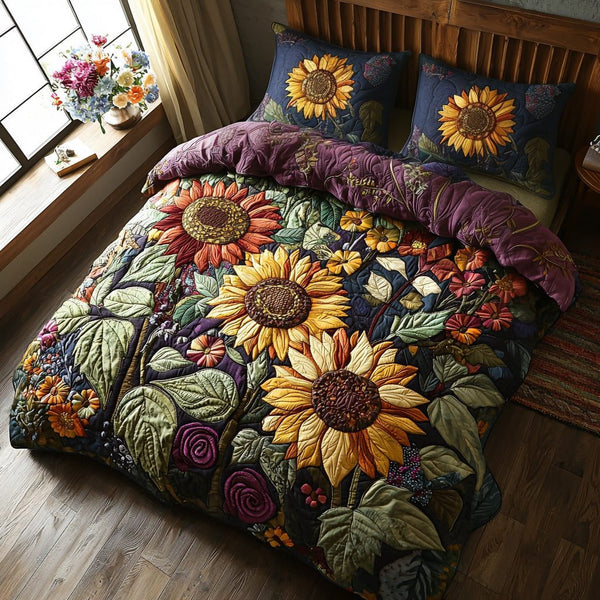 Blossom Path quilted 3-piece bedding set on a made bed with two matching pillow shams